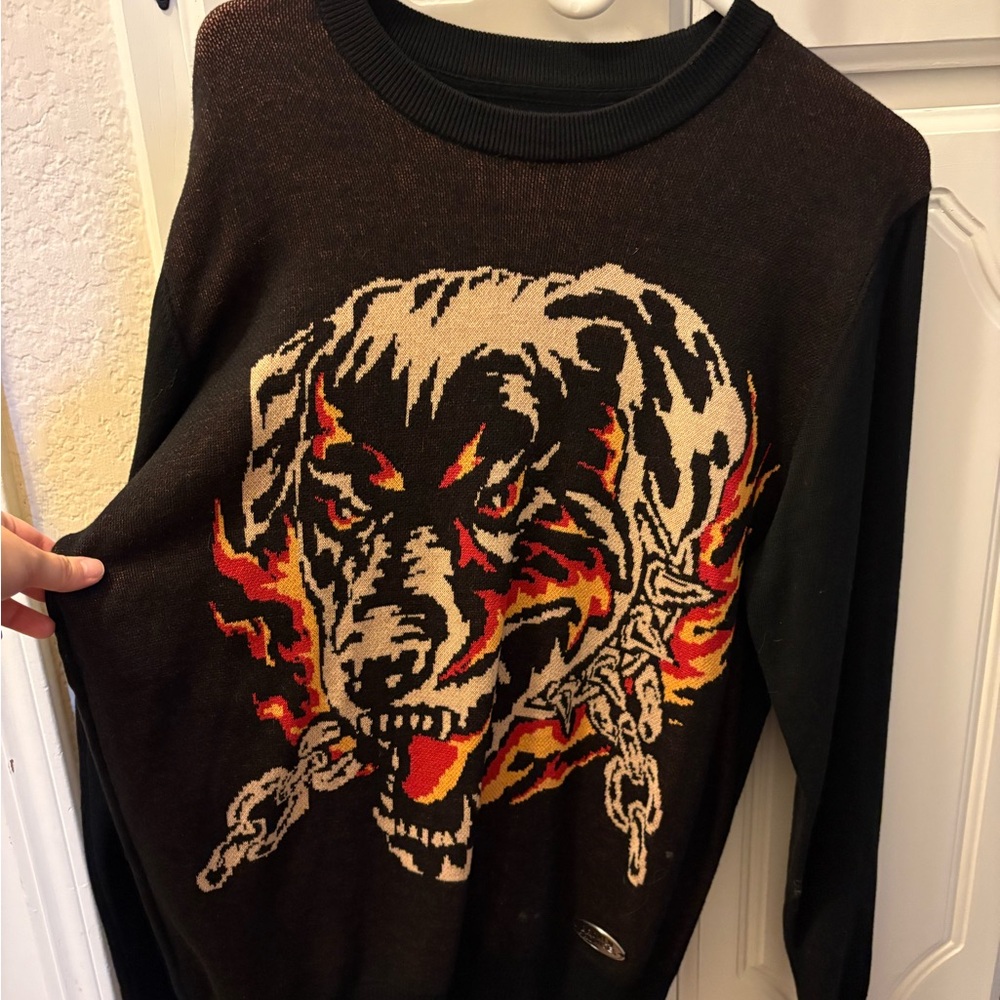 Men's Black and Brown Graphic Crewneck Sweater
